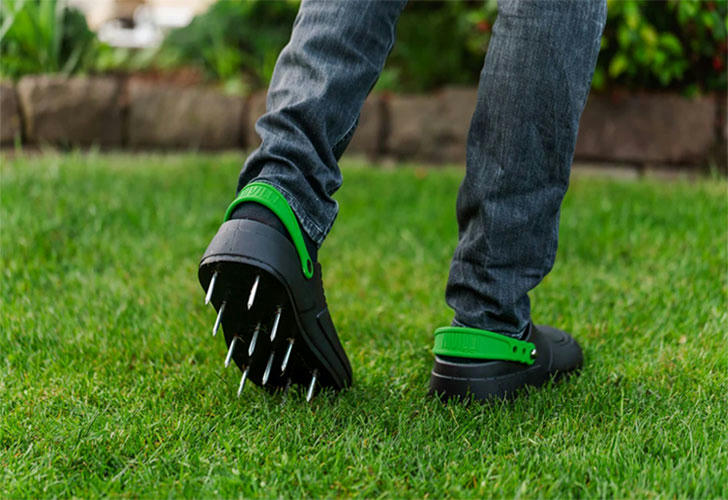 Lawn aerator shoes in action